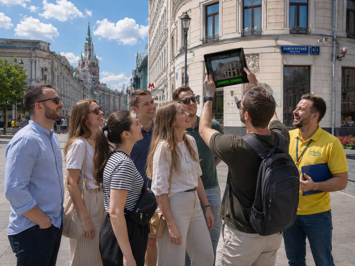 Команда на московской улице держит iPad с открытым заданием